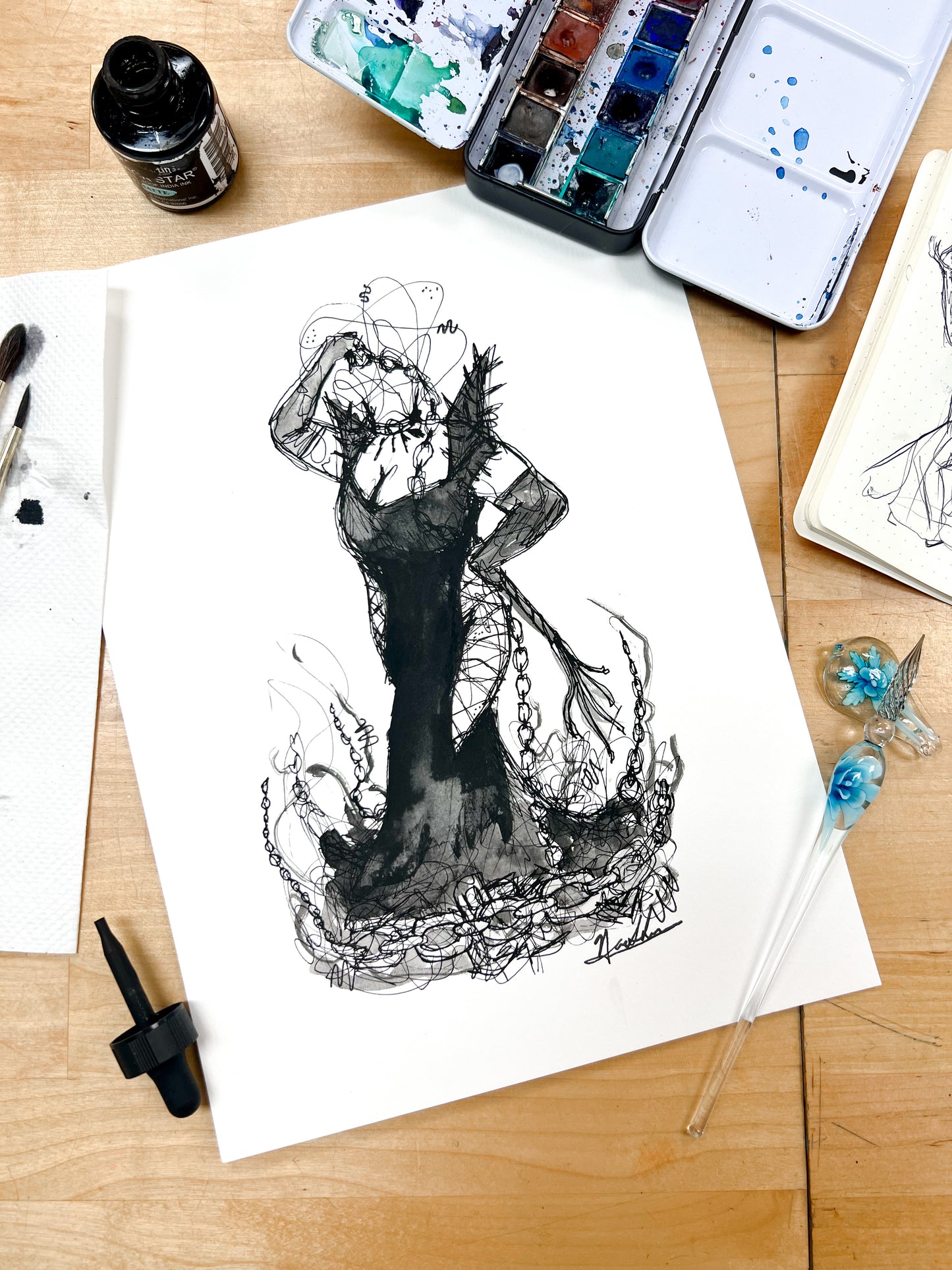 "Sorceress of the Dungeon" Original Watercolor/Ink Painting